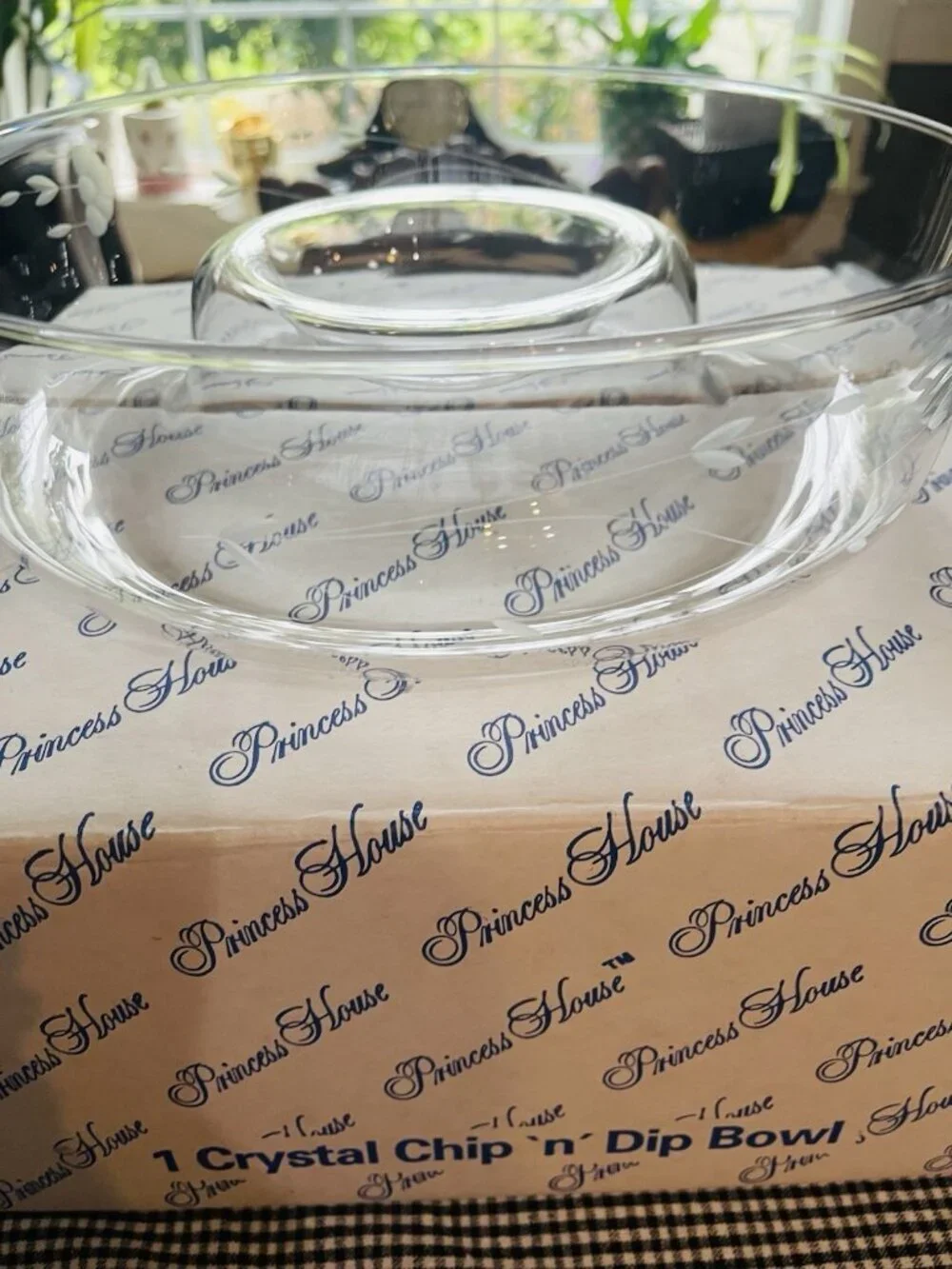 Large Etched Crystal Serving Bowl w Dip Well Veggies Chips Fruit 11.5” Elegant